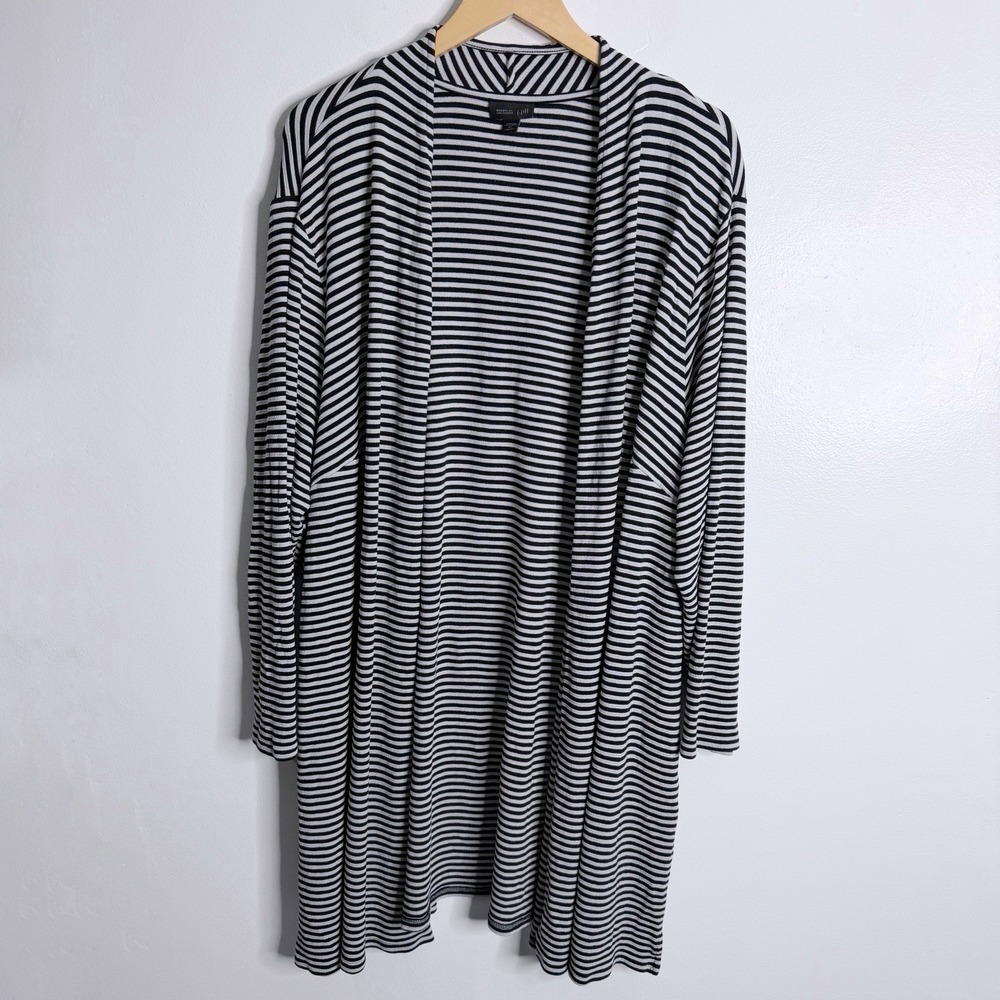 J. Jill Wearever Open Front Cardigan 4X Side Slit Gray Black Stripe Stretch